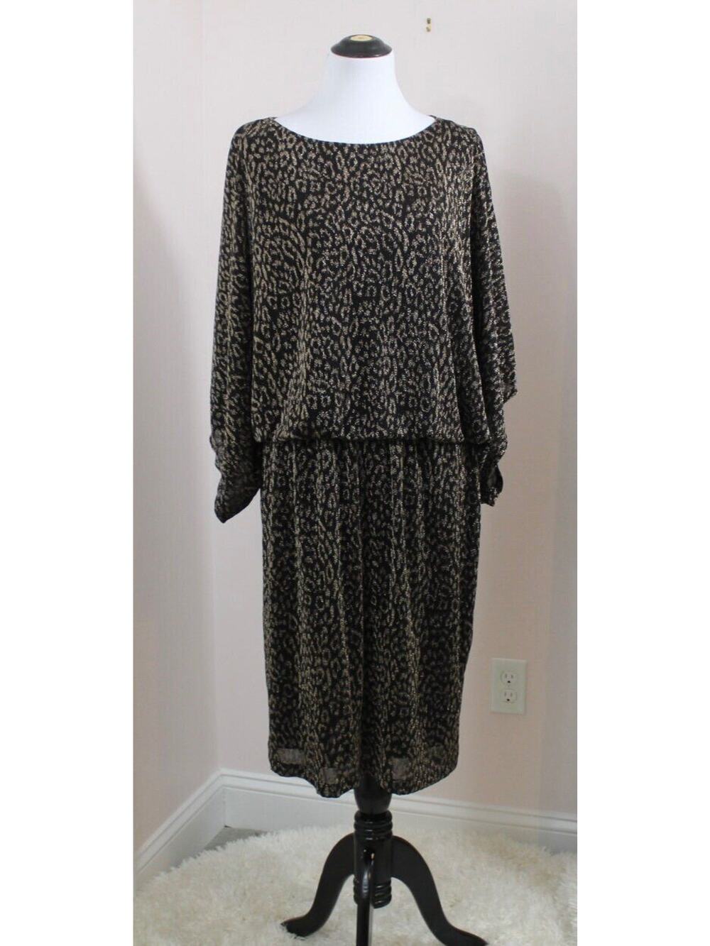 ELIZA J Sz 18w Black Gold Blouson Style Kimono Sleeve Dress